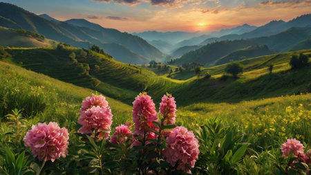 Rhododendron on the background of mountains at sunset.の写真素材