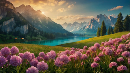 Beautiful alpine landscape with blooming rhododendron flowers and mountains.の写真素材