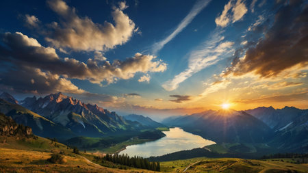 Sunset over the lake and mountains in the background. Summer landscapeの写真素材