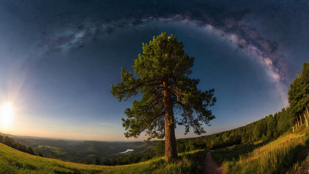 Beautiful panoramic landscape with big pine tree and milky wayの写真素材