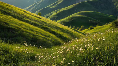 Beautiful spring landscape in Tuscany, Italy. Green hills and meadowsの写真素材