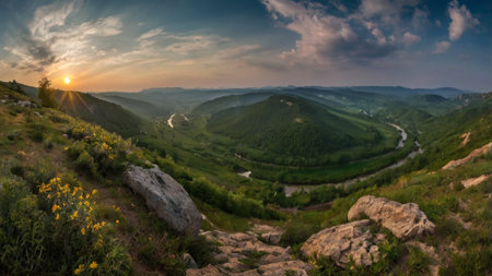 Sunset over the valley. Panoramic view of the valley and river.の写真素材