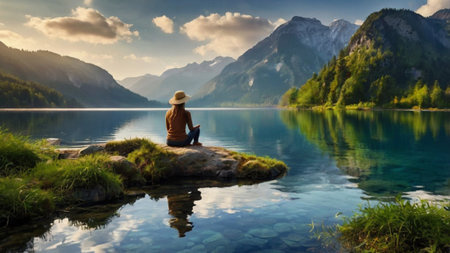 Woman sitting on the edge of a mountain lake and enjoying the viewの写真素材