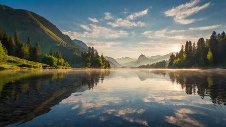 Panoramic view of mountain lake at sunrise. Beautiful summer landscape.