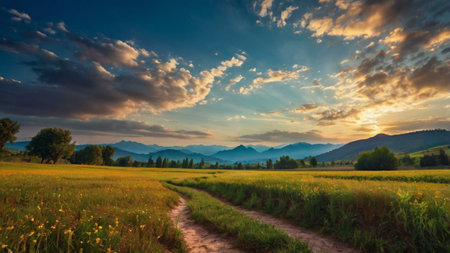 Sunset over a meadow with yellow flowers and mountains in the backgroundの写真素材