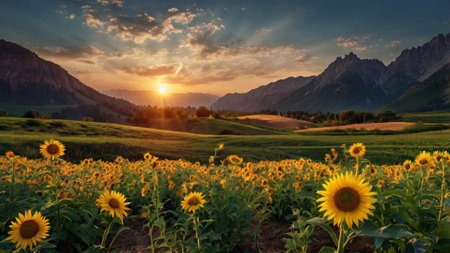Sunflower field at sunset in the Dolomites, Italy.