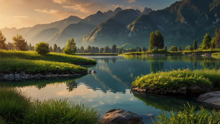 Mountain lake at sunset. Beautiful nature landscape with mountains in the background.