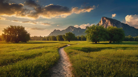 Beautiful summer landscape with green meadow and mountain at sunset.の写真素材