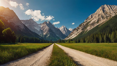 Dirt road through the meadow and mountains in the background.の写真素材