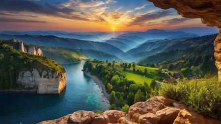 Panoramic view of the valley of the river Danube at sunrise. Beautiful summer landscape. Romania,...