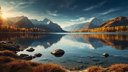 Beautiful autumn landscape. Mountain lake with reflection of the mountains.の写真素材