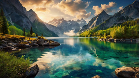 Beautiful alpine lake in the mountains at sunrise. Picturesque summer landscape.