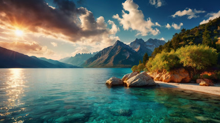 Mountain lake. Panoramic view of the lake and the mountains.の写真素材