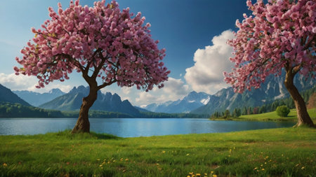 Blossoming cherry blossom tree on a meadow with mountains in the backgroundの写真素材