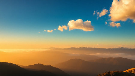 Beautiful sunrise in the mountains. Landscape with mountains and clouds.の写真素材