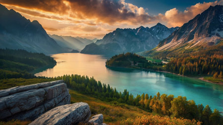 Panoramic view of the lake in the mountains at sunset.