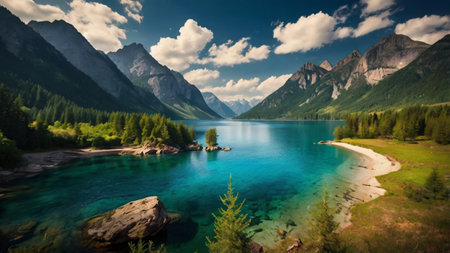 Beautiful mountain lake. Panoramic view of the mountain lake.の写真素材
