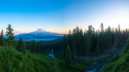 Panorama of Mt.Fuji and forest at sunrise, Japanの写真素材