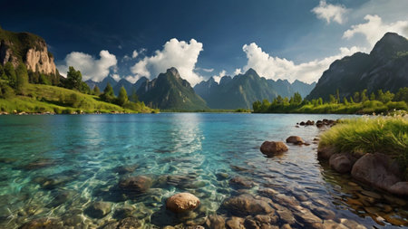 panoramic view of beautiful mountain lake with clear water and blue skyの写真素材