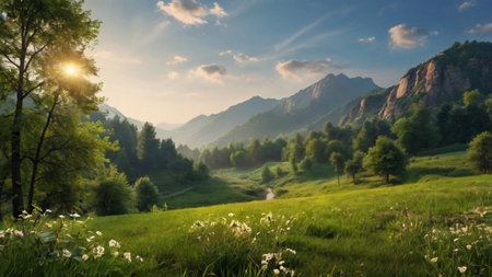 Beautiful summer landscape with green meadow and mountains in the backgroundの写真素材