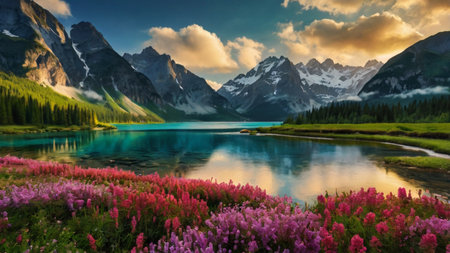 Beautiful alpine lake with blooming flowers and snow-capped mountains in backgroundの写真素材