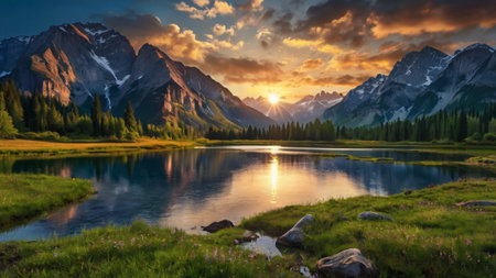 Mountain lake at sunset. Beautiful summer landscape. Mountain lake in the mountains.の写真素材