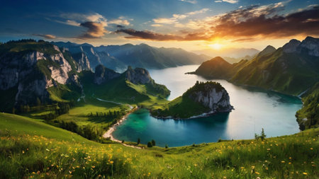 Panoramic view of beautiful alpine lake in Dolomites, Italy
