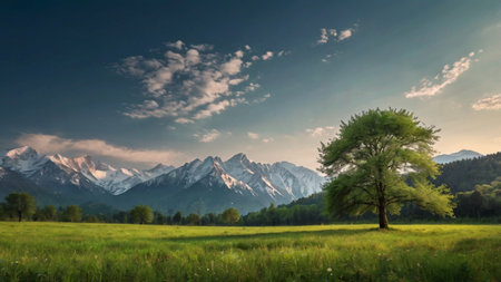 Beautiful summer landscape with a lonely tree in the foreground and mountains in the backgroundの写真素材