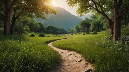 Green meadow in the forest at sunset. Nature landscape background.の写真素材