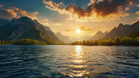 Mountain lake at sunset. Landscape with mountains and sky.