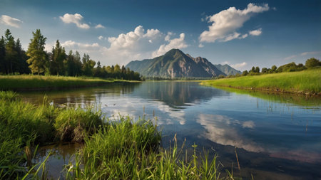 Beautiful summer landscape with lake and mountains in the background. Russia