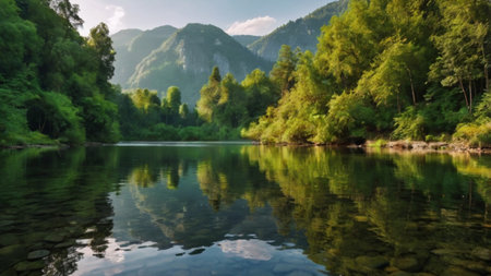 Landscape with a mountain river and the reflection of trees in the water