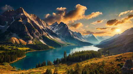 Beautiful mountain lake in the mountains at sunset. Landscape.の写真素材