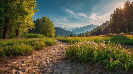 Panoramic view of the beautiful alpine meadow in the mountains. Summer landscape.の写真素材