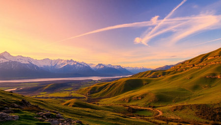 Beautiful sunset in New Zealand alps and lake. Nature background