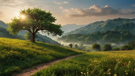 Beautiful summer landscape with a lonely tree on a hillside.の写真素材
