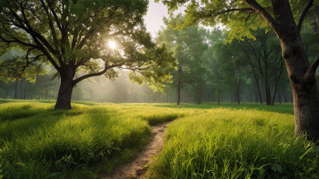 Sunset in the forest with a path through the trees.の写真素材