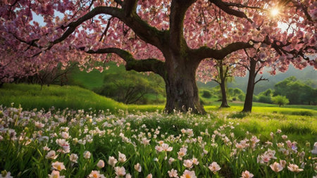 Beautiful spring landscape with blooming cherry blossom trees and meadowの写真素材