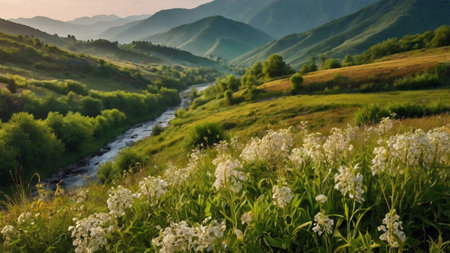 Beautiful summer landscape with a mountain river and white flowers in the foreground
