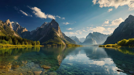 Beautiful panoramic landscape of the lake in the Dolomitesの写真素材