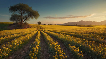 Sunset over a field of yellow tulips and a lonely treeの写真素材