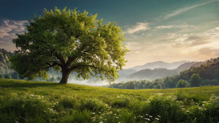 Beautiful summer landscape with a big tree on the meadow.の写真素材