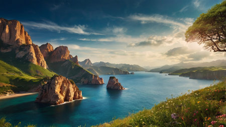 Panoramic view of the sea and mountains. Beautiful summer landscapeの写真素材