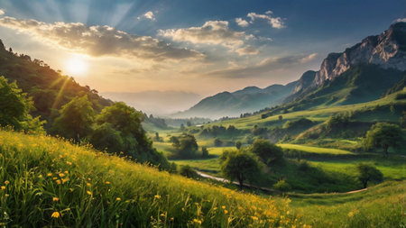 Meadow in the mountains at sunset. Beautiful summer landscape.の写真素材