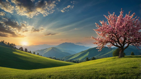 Beautiful spring landscape with blooming tree and mountains at sunset.の写真素材