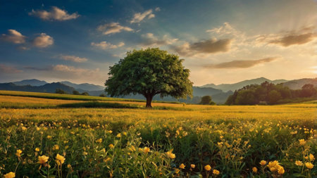 Beautiful landscape with tree and yellow flower field in sunset time.の写真素材