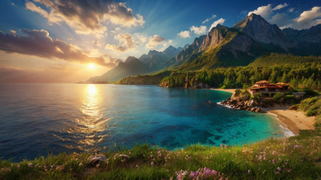 Beautiful panoramic view of Lago di Garda at sunset, Dolomites, Italyの写真素材