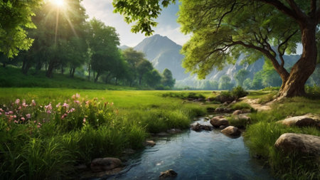 Mountain river landscape with green grass and trees. Panoramic viewの写真素材