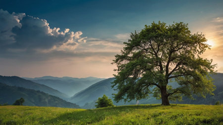 Beautiful summer landscape with a tree in the foreground and mountains in the backgroundの写真素材