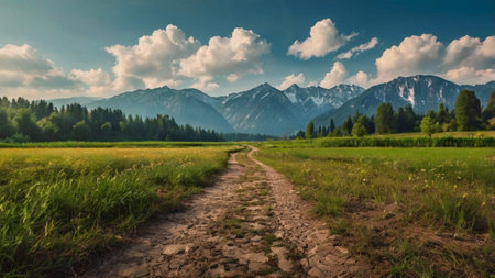 Panoramic view of the meadow in the mountains. Summer landscape.の写真素材